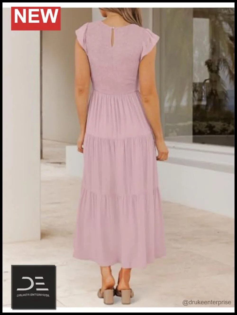 Flutter Short Sleeve Smocked Elastic Waist Tiered Midi Dress